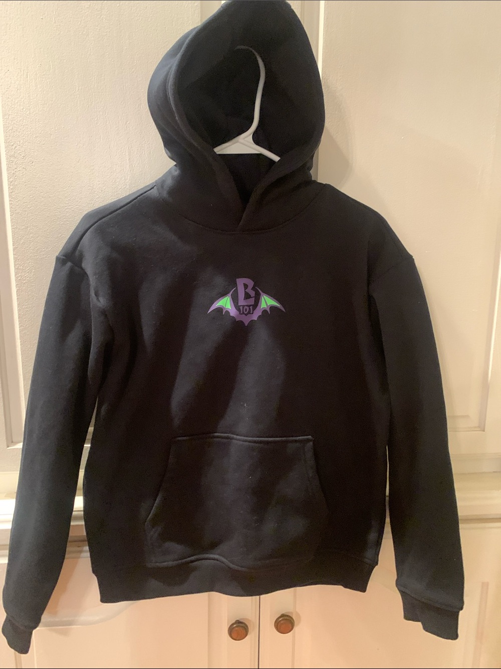 Black Kids Pullover Hoodie with Purple & Green Bat Logo